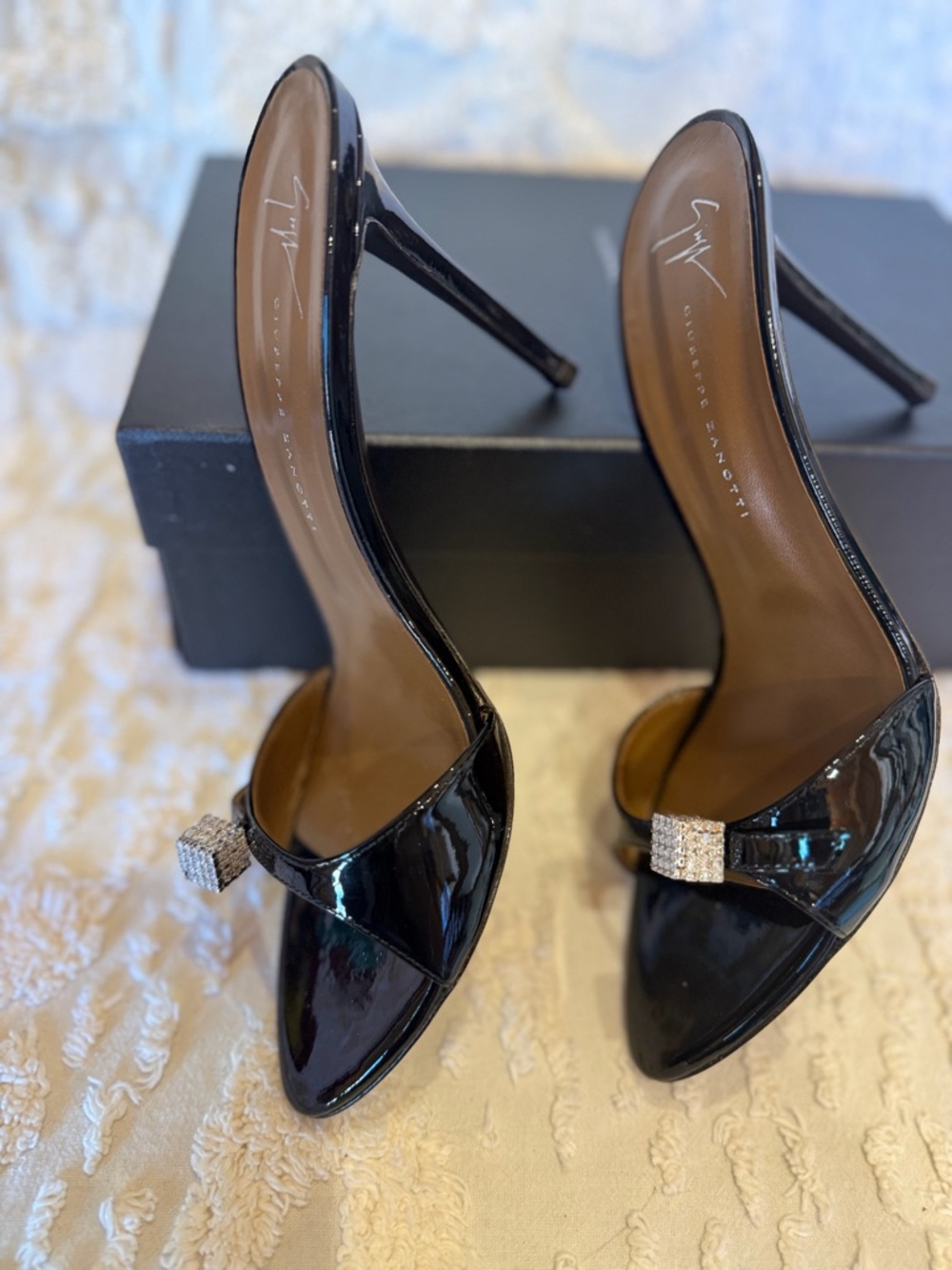 Giuseppe Zanotti Black Patent High Heel Mules with Crystal Accent #595